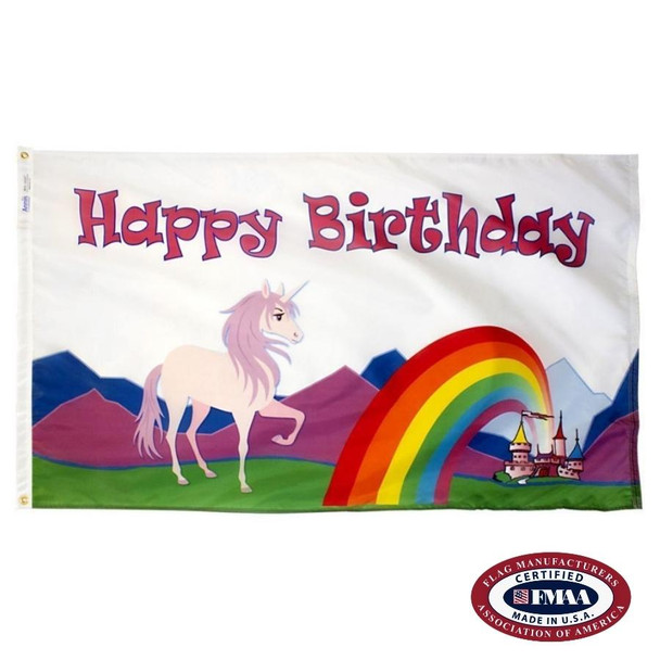 Happy Birthday Unicorn Flag. FMAA Certified Made in America seal.
