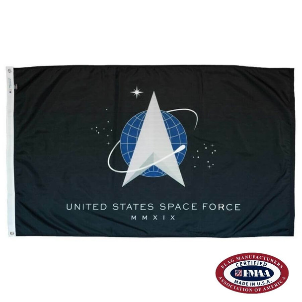 The Space Force flag is black with the Space Force emblem in the center. The emblem depicts a delta triangle in front of a globe. FMAA Certified Made in America seal.