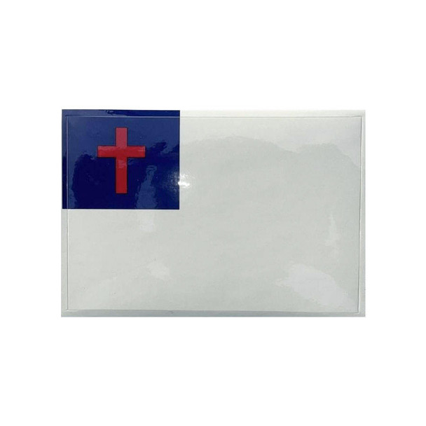 The Christian flag sticker is white with a dark blue canton with a red cross inside.