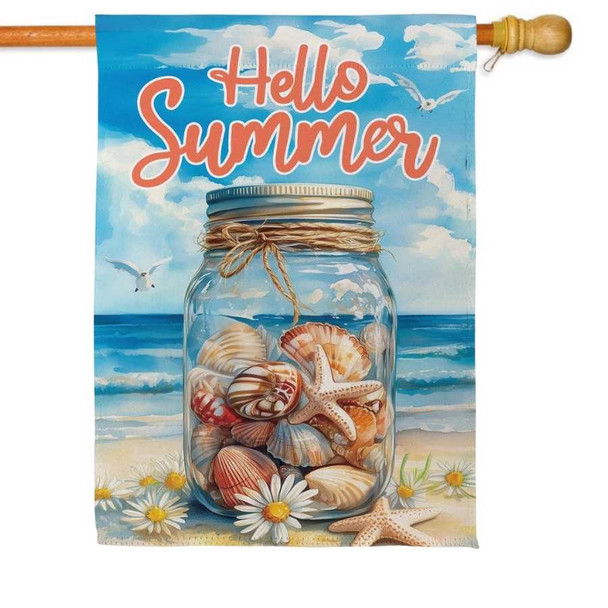 A Summer Shell Jar Suede House Flag depicting a large jar containing sea shells, set on top of a beach. At the top is the text "Hello Summer" in red.