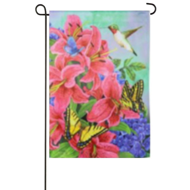 A Swallowtail & Hummingbird Garden Flag depicting a hummingbird and two butterflies surrounding pink flowers.