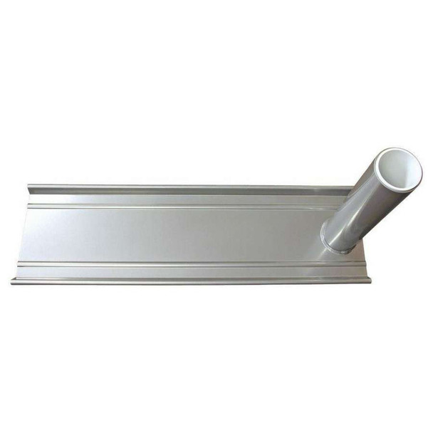 A silver aluminum wheel stand with a flat base and ridges along the sides, and a hollow pole welded at one end.