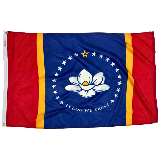 The Mississippi flag is a red and blue tricolor with 2 gold vertical stripes. In the center is a white magnolia circled by 21 stars. 