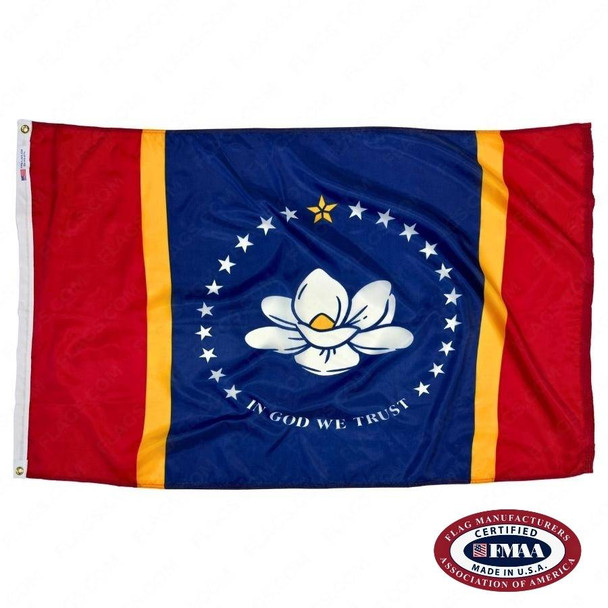 The Mississippi flag is a red and blue tricolor with 2 gold vertical stripes. In the center is a white magnolia circled by 21 stars. FMAA Certified Made in America seal.