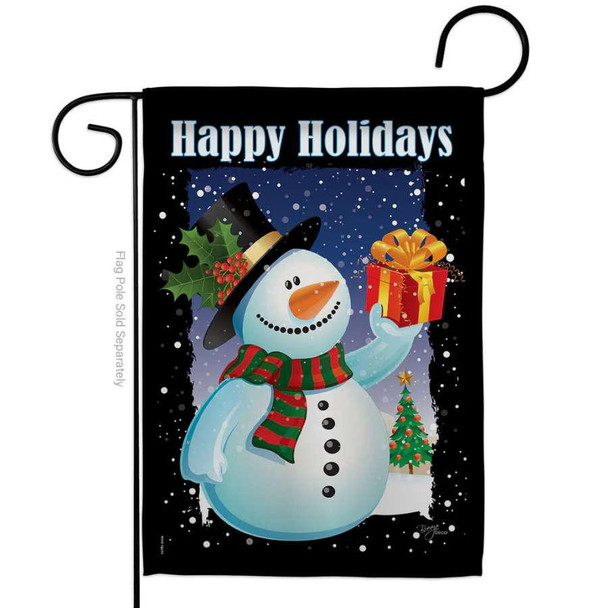 A garden flag featuring a snowman holding a wrapped gift. Behind him is a snowy background with a black border. "Happy Holidays" is written across the top in white.