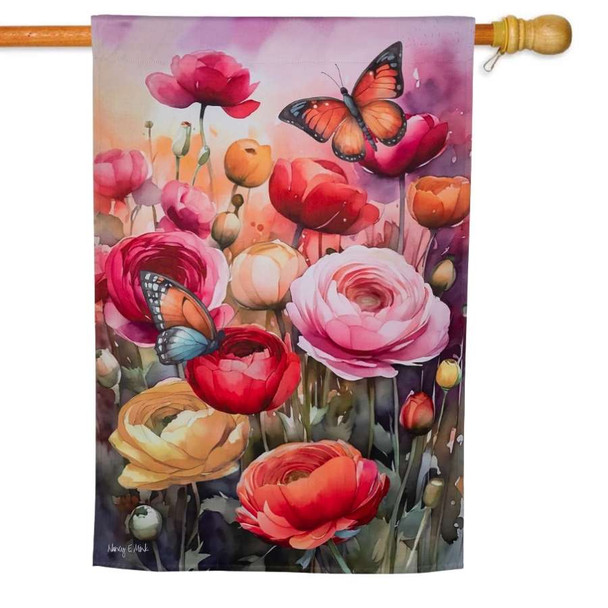 The Sunset House Flag depicts a field of colorful flowers with a monarch butterfly above.