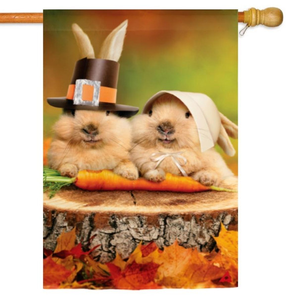 A house flag depicting two bunnies in pilgrim outfits with a carrot and leaves.
