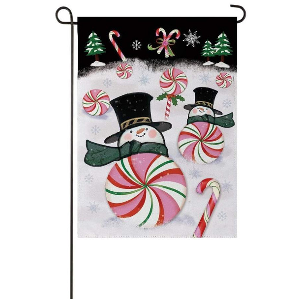 A Peppermint Snowmen garden flag depicting two snowmen with peppermint bodies on a snowy field.