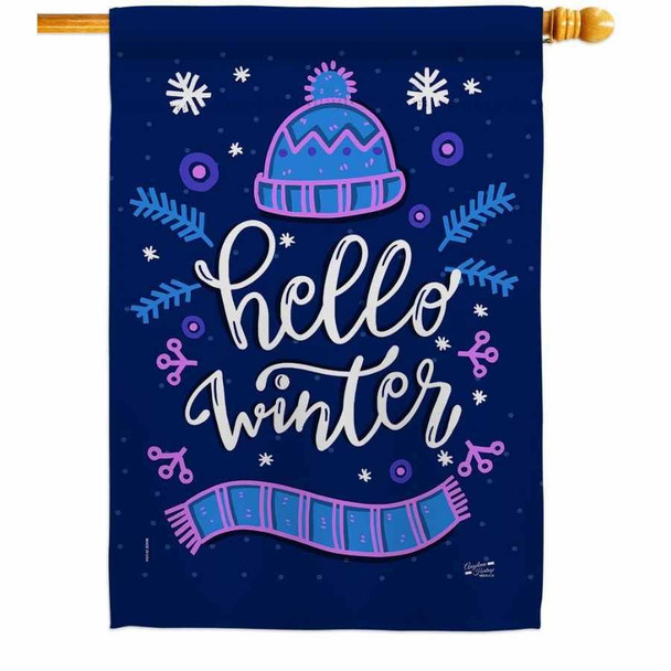 A dark blue house flag that says "Hello Winter" in the middle in white. Above the words is a wool hat and below the words is a matching scarf.