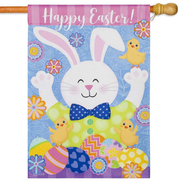 An Easter flag featuring a white bunny surrounded by little chicks and colorful eggs. The top reads 'Happy Easter!'