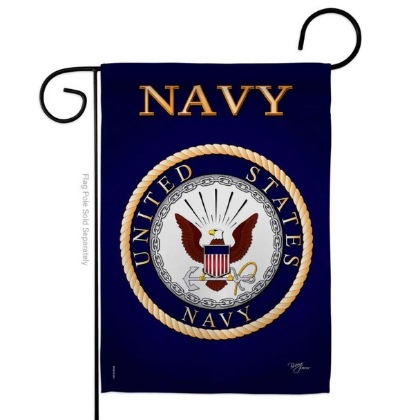 A dark blue garden flag featuring the United States Navy emblem. 'Navy' is written across the top in gold.