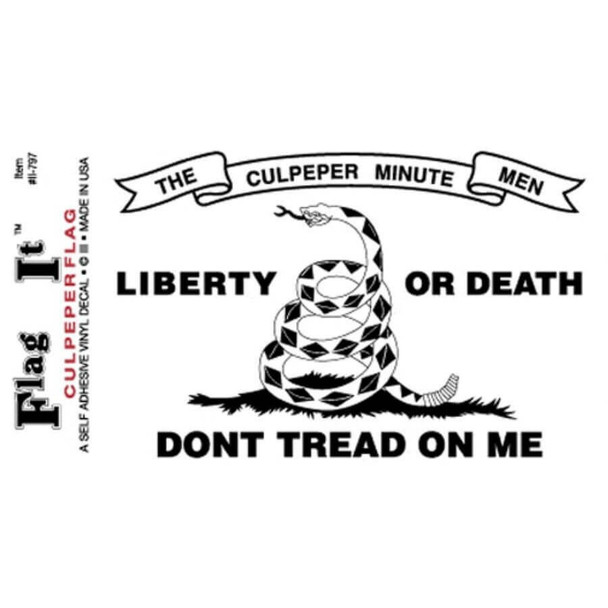 A white sticker with a black timber rattlesnake in the center, surrounded by the text “The Culpeper Minute Men / Don't Tread on Me.”