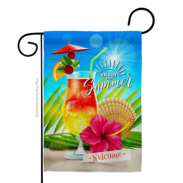 Garden flag that features a glass of iced tea surrounded by flowers and leaves, on the sand at a beach. The colors are bright.