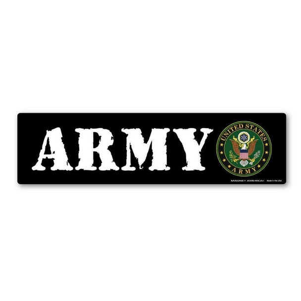 A rectangular black bumper magnet that says "Army" in white with the Army Seal next to it.