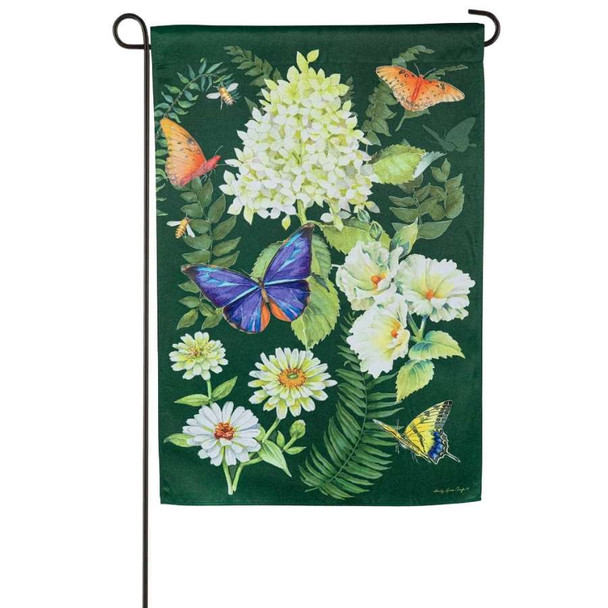 The Flutters & Flowers Garden Flag depicts a bouquet of white flowers and butterflies on a dark green background.