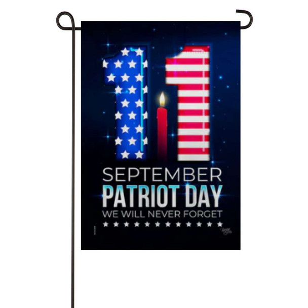 A black garden flag with the number 11 above the text "September / Patriot Day"