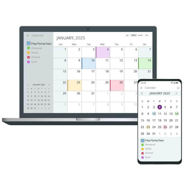 A laptop and smartphone displaying calendar applications with flag-flying holiday events.