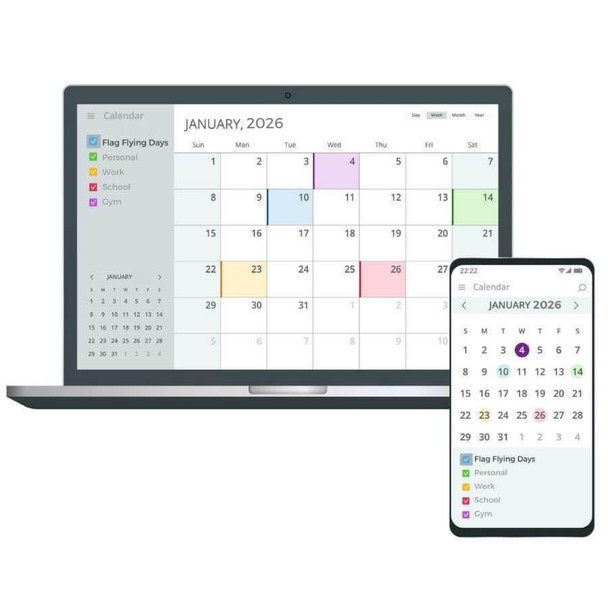 A laptop and smartphone displaying calendar applications with flag-flying holiday events.