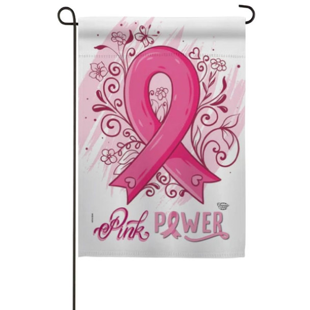 A garden flag depicting a large pink ribbon on a white background with the text "Pink Power" below.
