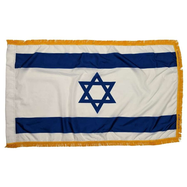 Israel’s flag has two horizontal blue stripes with a Star of David in between on a white background. There is gold fringe around 3 borders.
