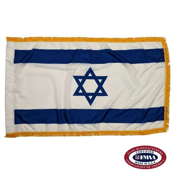 Israel’s flag has two horizontal blue stripes with a Star of David in between on a white background. There is gold fringe around 3 borders. FMAA Certified Made in America seal.