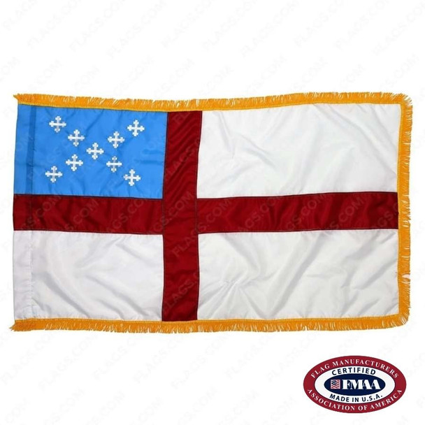 The Episcopal flag with fringe has a red cross on a white field and a blue rectangle with 9 crosses in an X-shape in the upper left. FMAA Certified Made in America seal.