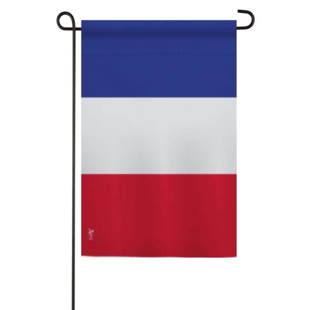 A France Garden Flag on a flagpole. The flag features 3 horizontal stripes of blue, white, and red.