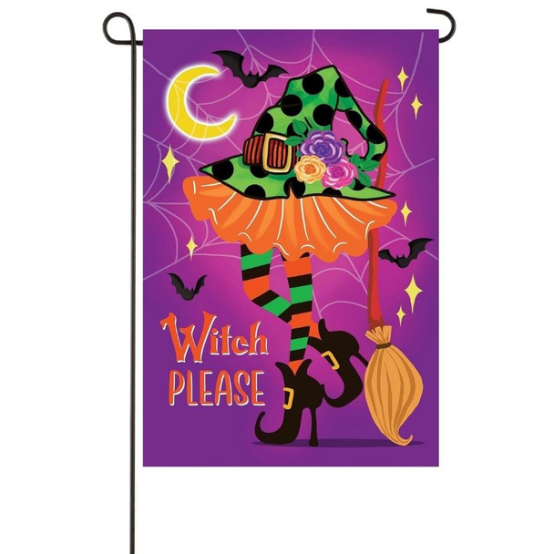 A halloween garden flag depicting a witch's outfit on a purple background with the text "Witch Please" at the bottom.