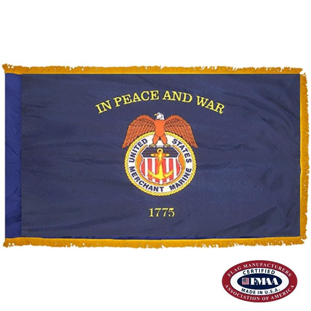 The indoor Merchant Marine flag has a dark blue field surrounded on 3 sides by gold fringe. In the center is the seal of the Merchant Marines.
