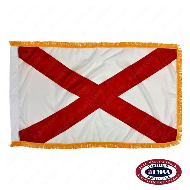 The indoor Alabama flag has a red saltire on a white background. Three edges of the flag are finished with gold fringe. FMAA Certified Made in America seal.