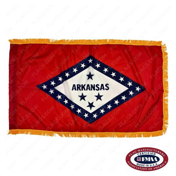 The indoor Arkansas flag has gold fringe around 3 borders of the red, blue, and white state flag. On the left is an attached pole sleeve. FMAA Certified Made in America seal.