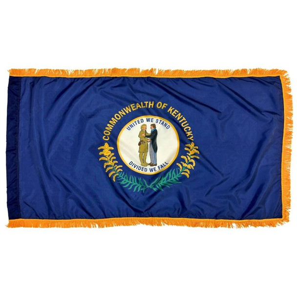 The indoor Kentucky flag has 3 edges of gold fringe around the dark blue field. In the center is the state seal above goldenrod flowers.