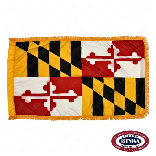 The indoor Maryland flag has 3 sides of gold fringe around the design, a combination of the Crossland and Lord Baltimore’s banners. FMAA Certified Made in America seal.