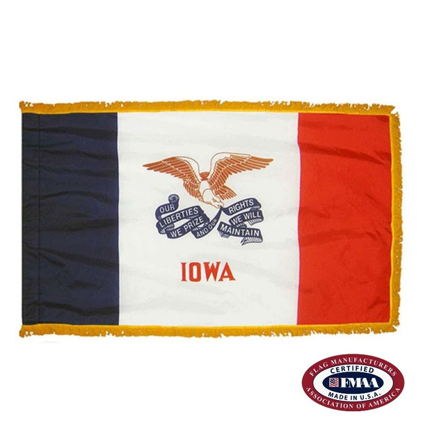 The indoor Iowa flag has 3 sides of gold fringe around the blue, white, and red tricolor design. In the center is an eagle holding a banner. FMAA Certified Made in America seal.