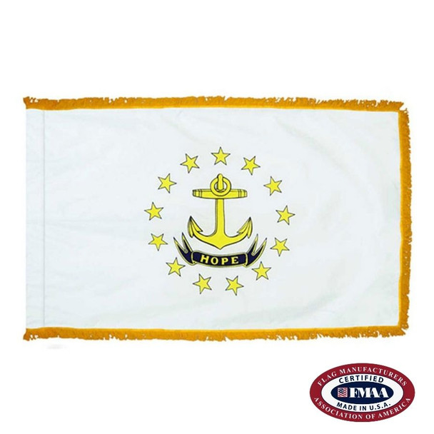 The indoor Rhode Island flag has 3 borders of gold fringe around the white field. In the center is an anchor surrounded by stars. FMAA Certified Made in America seal.