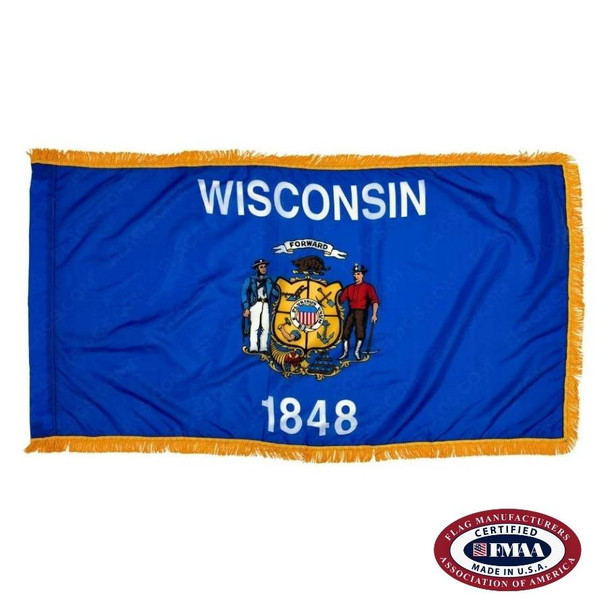 The indoor Wisconsin flag has 3 sides of gold fringe around a blue field. In the center is a coat of arms depicting a sailor and yeoman. FMAA Certified Made in America seal.