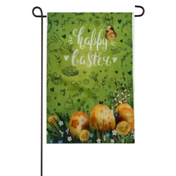A green garden flag depicting Easter eggs at the bottom and the text "Happy Easter" at the top.