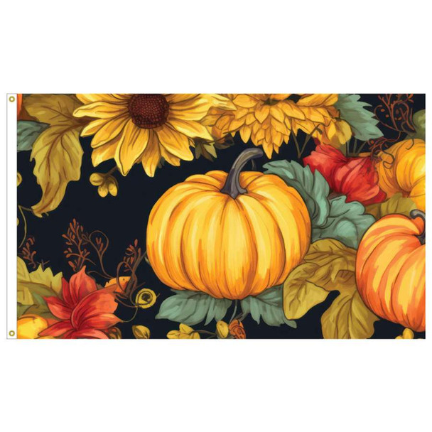 A black flag picturing an orange pumpkin, surrounded by sunflowers, leaves, and other pumpkins.