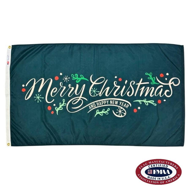 A green flag with the white text "Merry Christmas and Happy New Year" written in script, surrounded by holly. FMAA Made in America seal.
