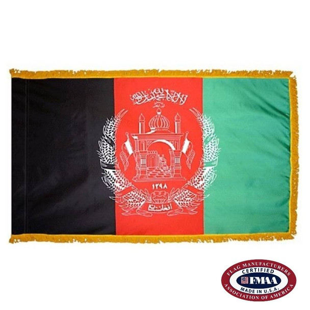 The indoor Afghanistan flag has 3 sides of gold fringe around a black, red, and green tricolor. In the center is a white seal. FMAA Certified Made in America seal.