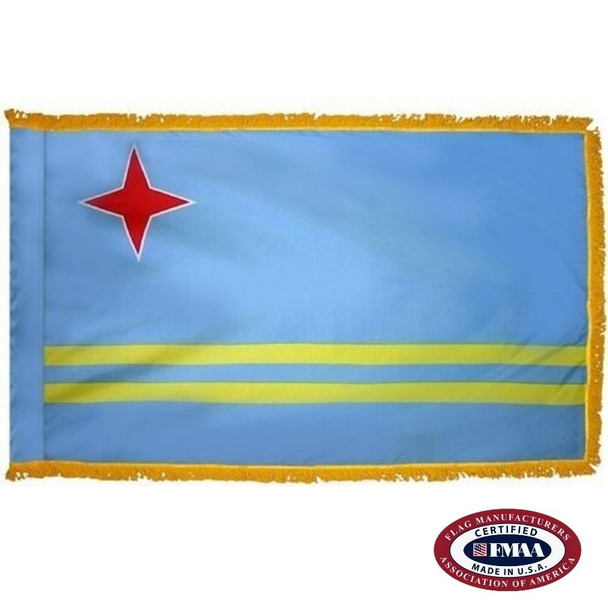 The indoor Aruba flag has 3 sides of gold fringe on a light blue field with a red star in the canton. On the lower half are 2 yellow stripes. FMAA Certified Made in America seal.