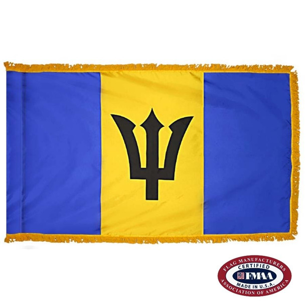 The indoor Barbados flag has 3 sides of gold fringe around a blue, yellow, and blue triband. In the center is a black trident. FMAA Certified Made in America seal.