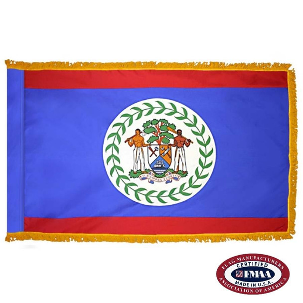 The indoor Belize flag has 3 sides of gold fringe around a blue field with red stripes at the top and bottom. In the center is a seal. FMAA Certified Made in America seal.
