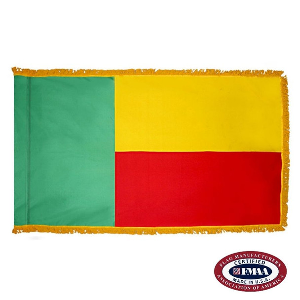 The indoor Benin flag has 3 sides of gold fringe around a vertical green stripe on the left & 2 horizontal yellow & red stripes on the right. FMAA Certified Made in America seal.
