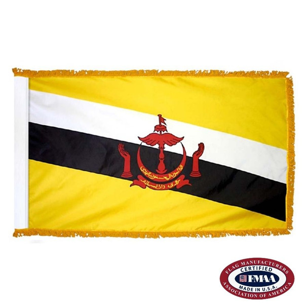 The indoor Brunei flag has 3 sides of gold fringe around a yellow field with 2 diagonal stripes of white and black. In the center is a seal. FMAA Certified Made in America seal.