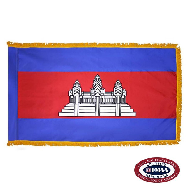 The indoor Cambodia flag has 3 sides of yellow fringe around the blue, red, and blue tricolor. In the center is a drawing of Angkor Wat. FMAA Certified Made in America seal.