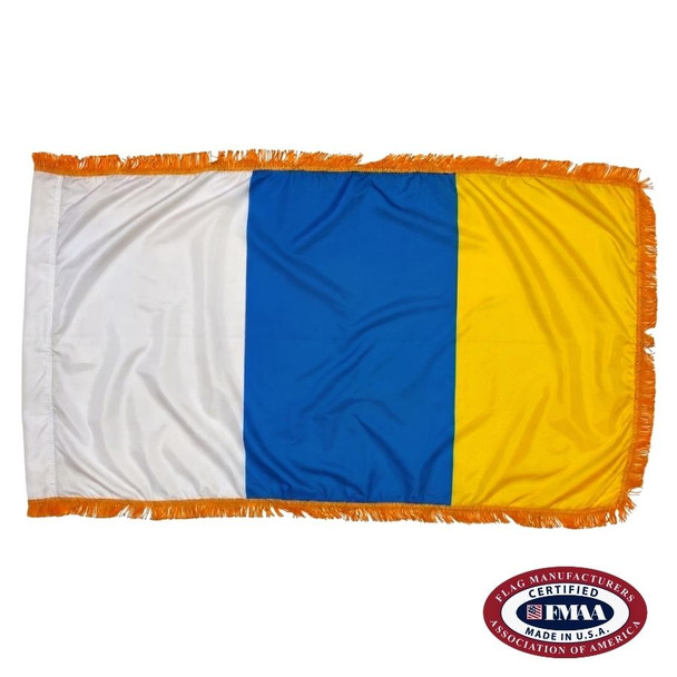 The indoor Canary Islands flag has 3 sides of gold fringe around a white, blue, and yellow tricolor. FMAA Certified Made in America seal.