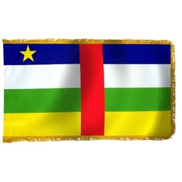 The indoor CAR flag has 4 blue, white, green & yellow stripes. In the center is a vertical red line & in the upper left corner, a yellow star.
