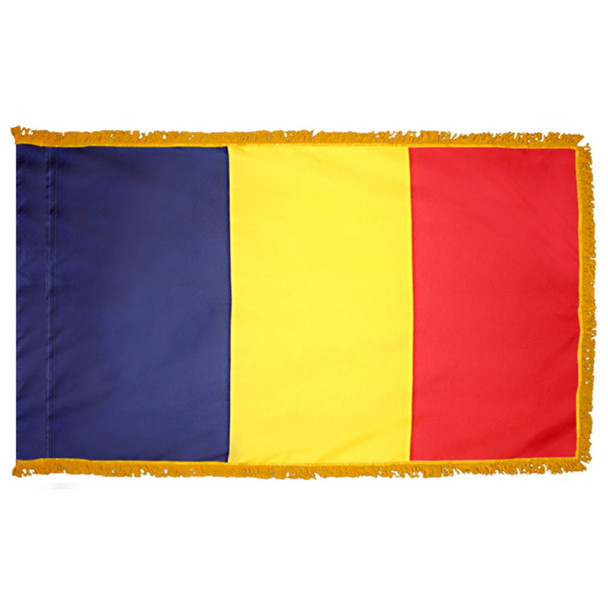 The indoor Chad flag has 3 sides of gold fringe around a blue, yellow, and red tricolor.