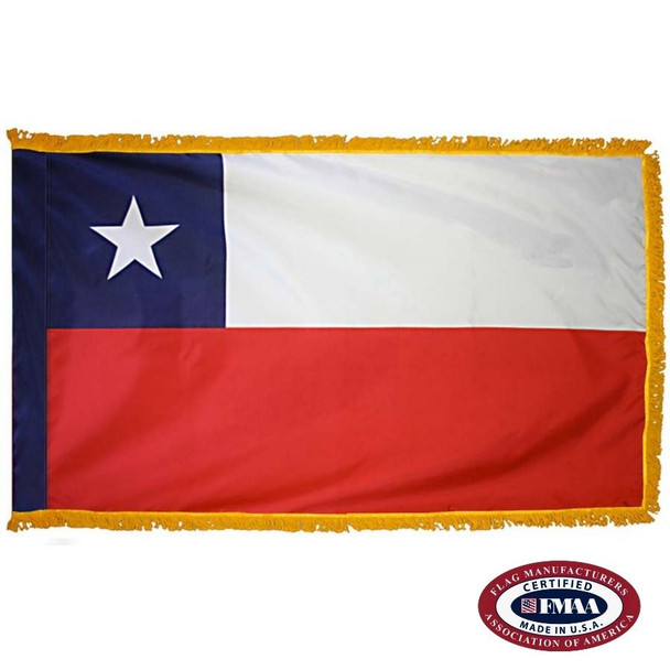 The indoor Chile flag has 3 sides of gold fringe around two horizontal stripes of white and red. The canton is dark blue with a white star. FMAA Certified Made in America seal.